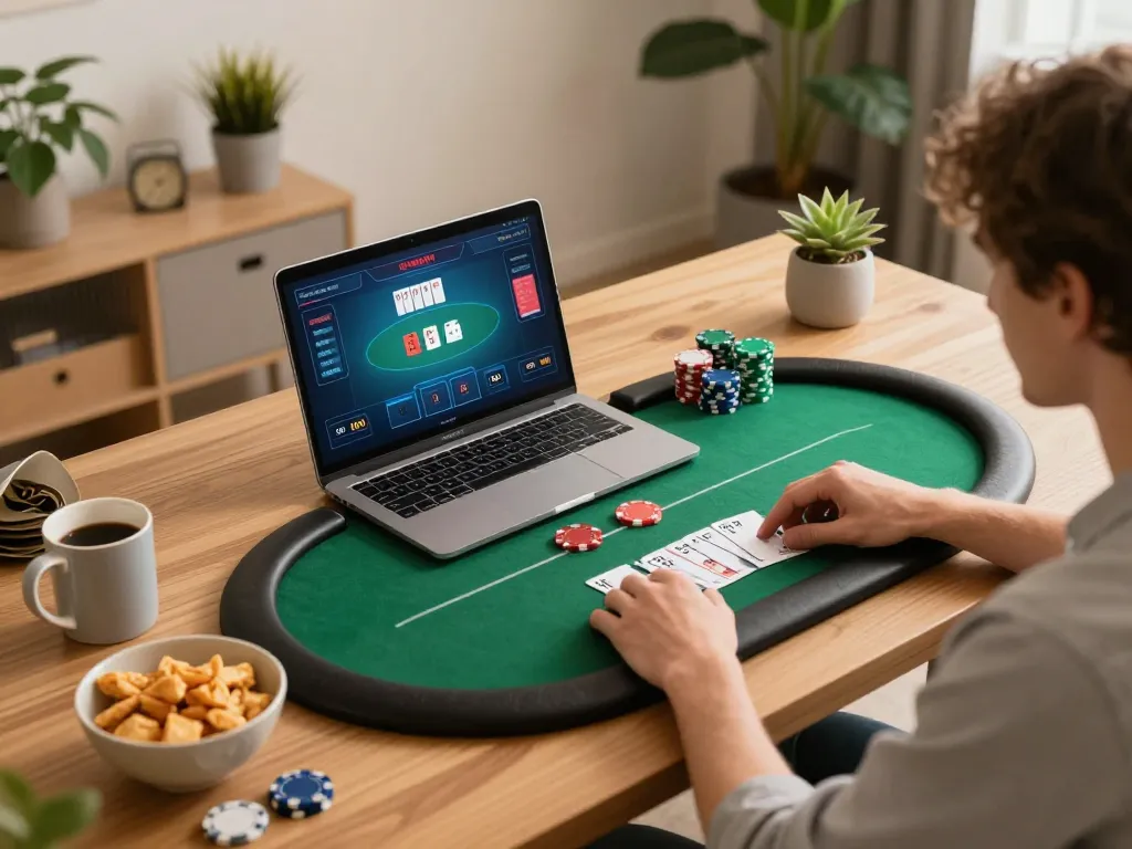 Player enjoying online poker at home with strategies for Nhà cái GEM88 on their laptop