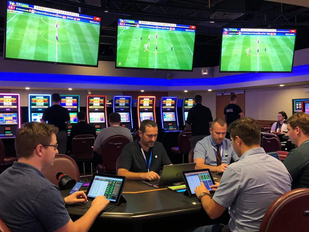 Engaged bettors at a sports betting area in a casino using keobongda for odds analysis