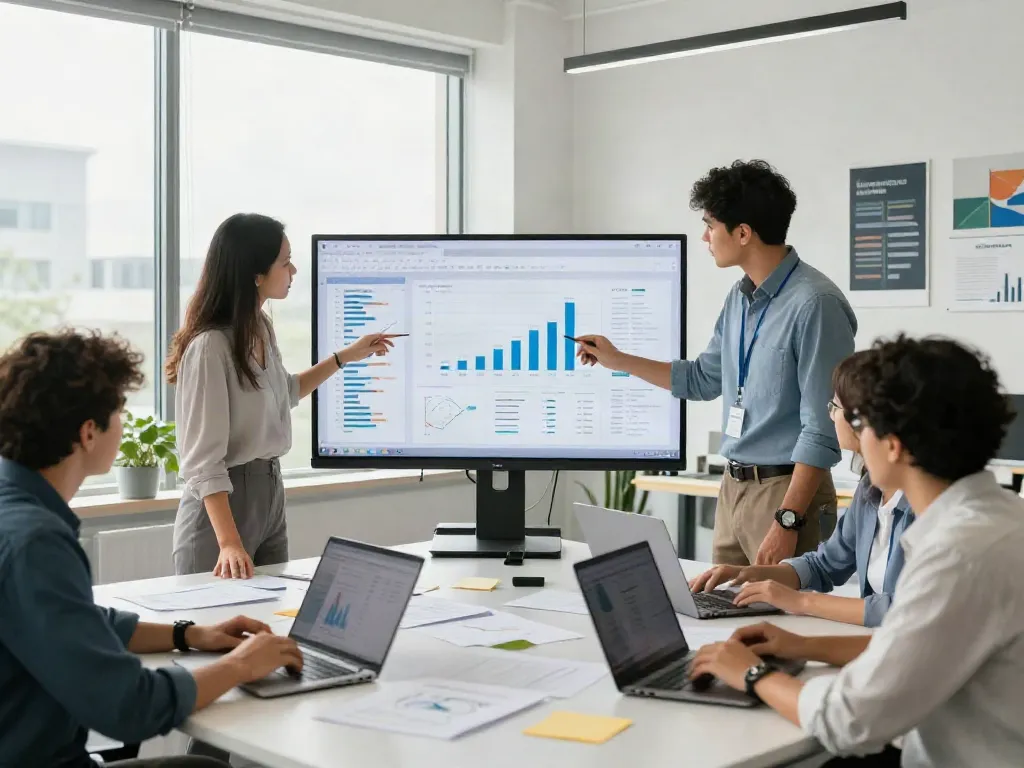 Team collaboration on financial strategies for banorte empresas in a modern office.