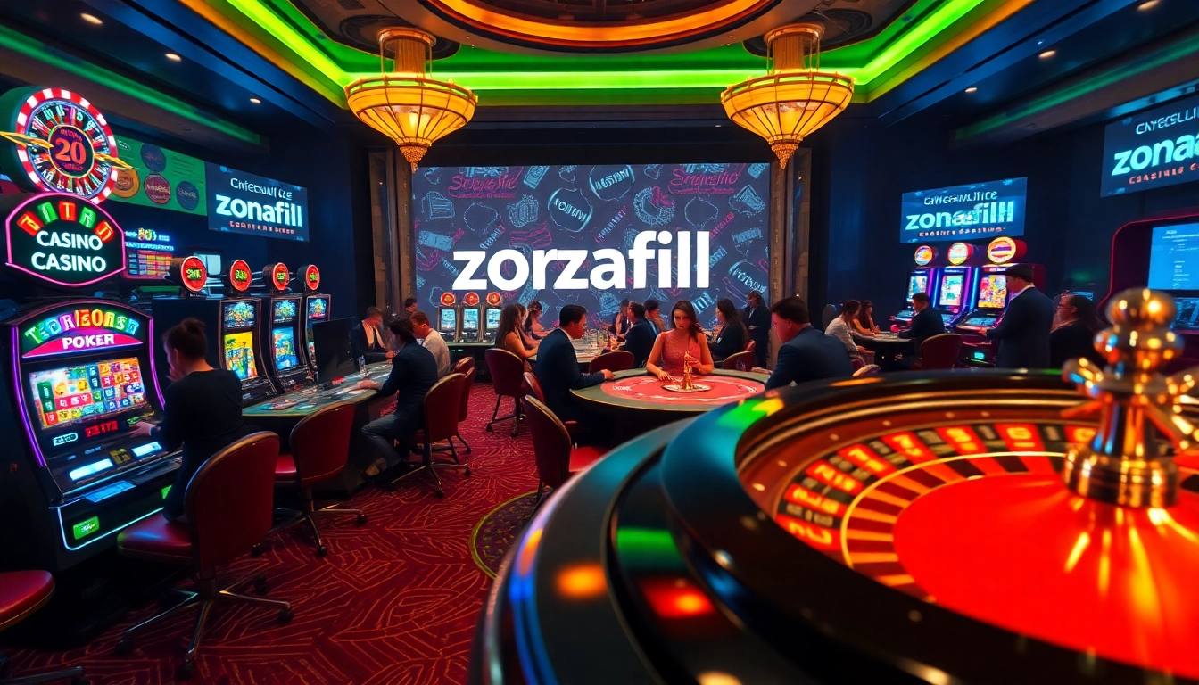 Engage in high-stakes gambling excitement at zonafilm casino with poker tables, glowing slot machines, and vibrant roulette wheels.