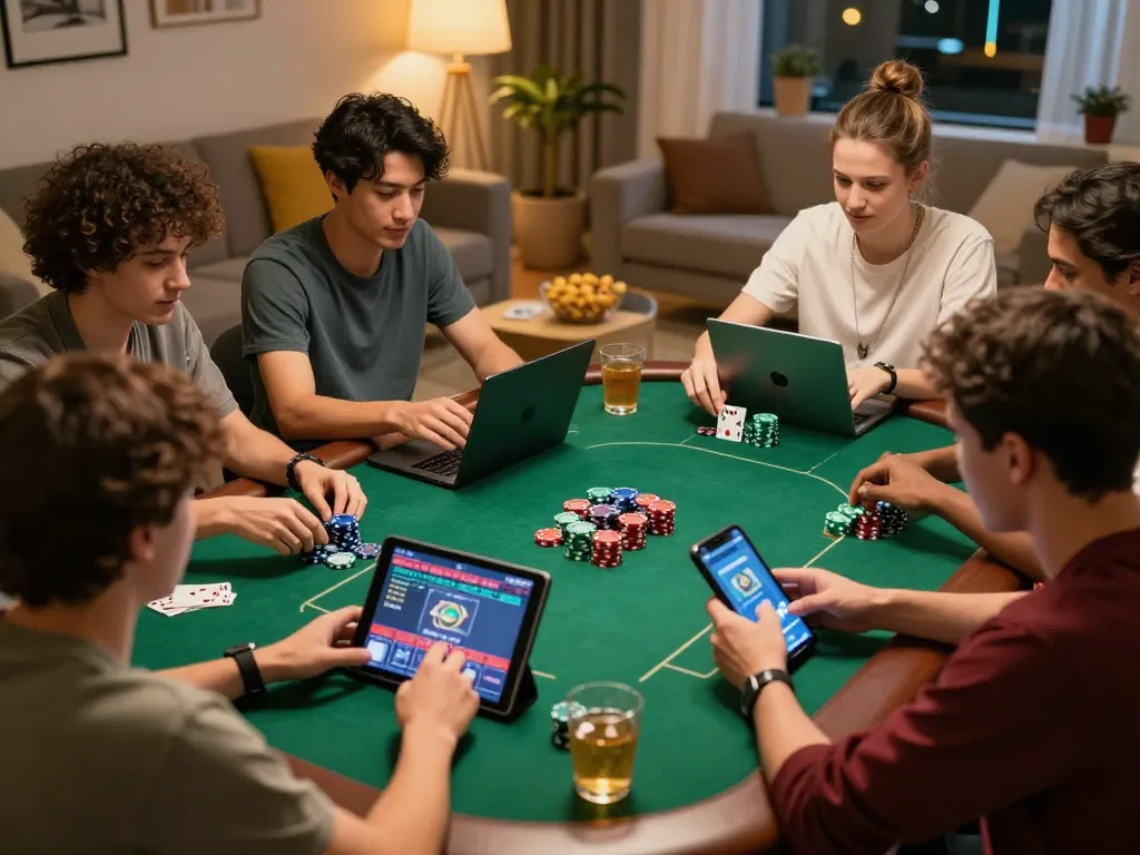 Friends enjoying a lively poker game with laptops and smartphones, exploring trang chủ fly88 strategies together.