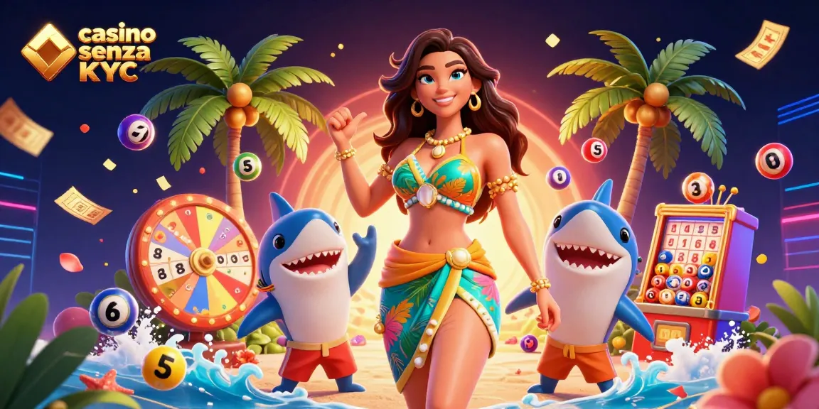Scopri l'emozione dei casino senza KYC con giochi vivaci e personaggi animati in questa illustrazione.
