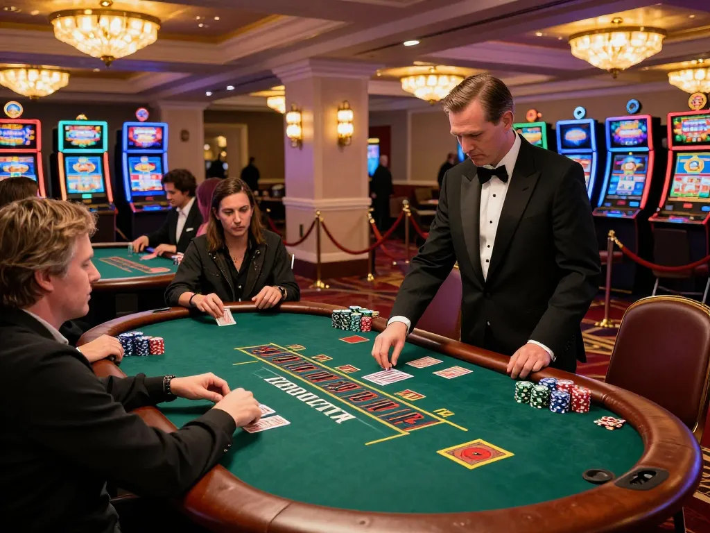 Sunwin players strategizing at blackjack tables under luxurious casino lighting.