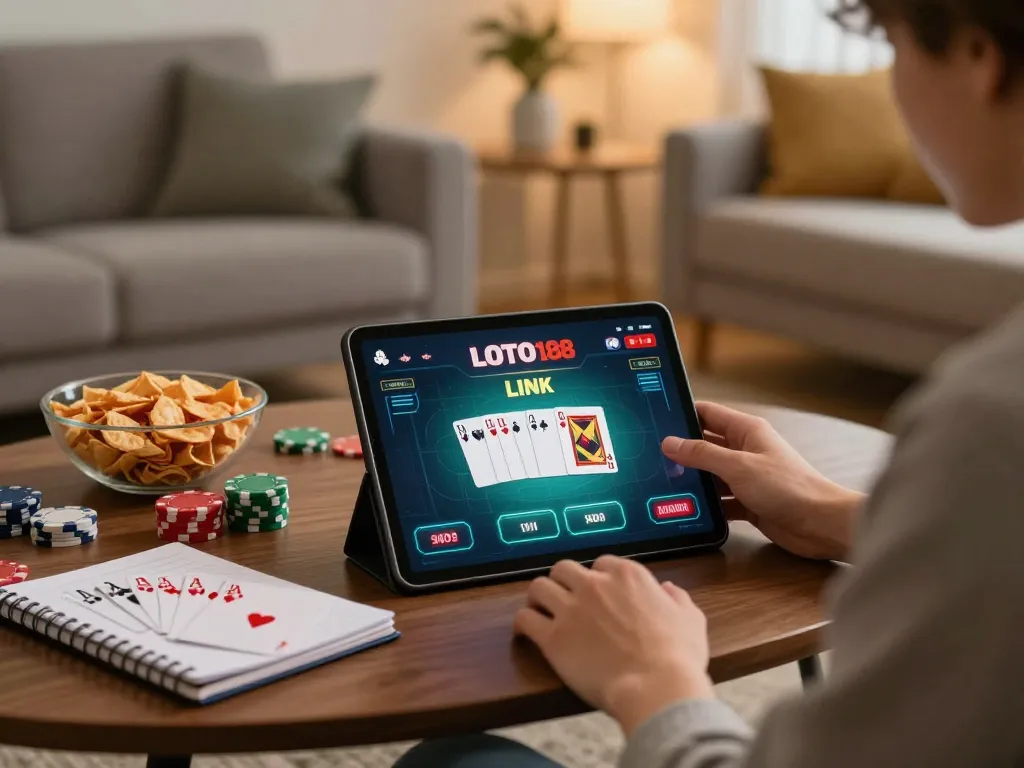 Engaging with LOTO188 LINK while playing poker online from home, showcasing fun casino activities.