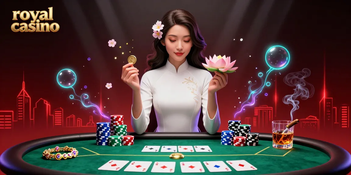 Engaging scene showcasing royal casino elements with an elegant Asian woman amidst poker and gambling excitement.