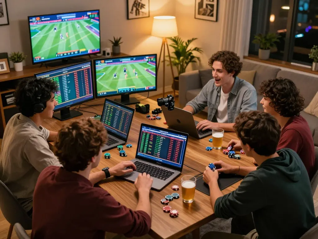 Fans excitedly analyzing odds for tg88 sports betting in a cozy home environment.