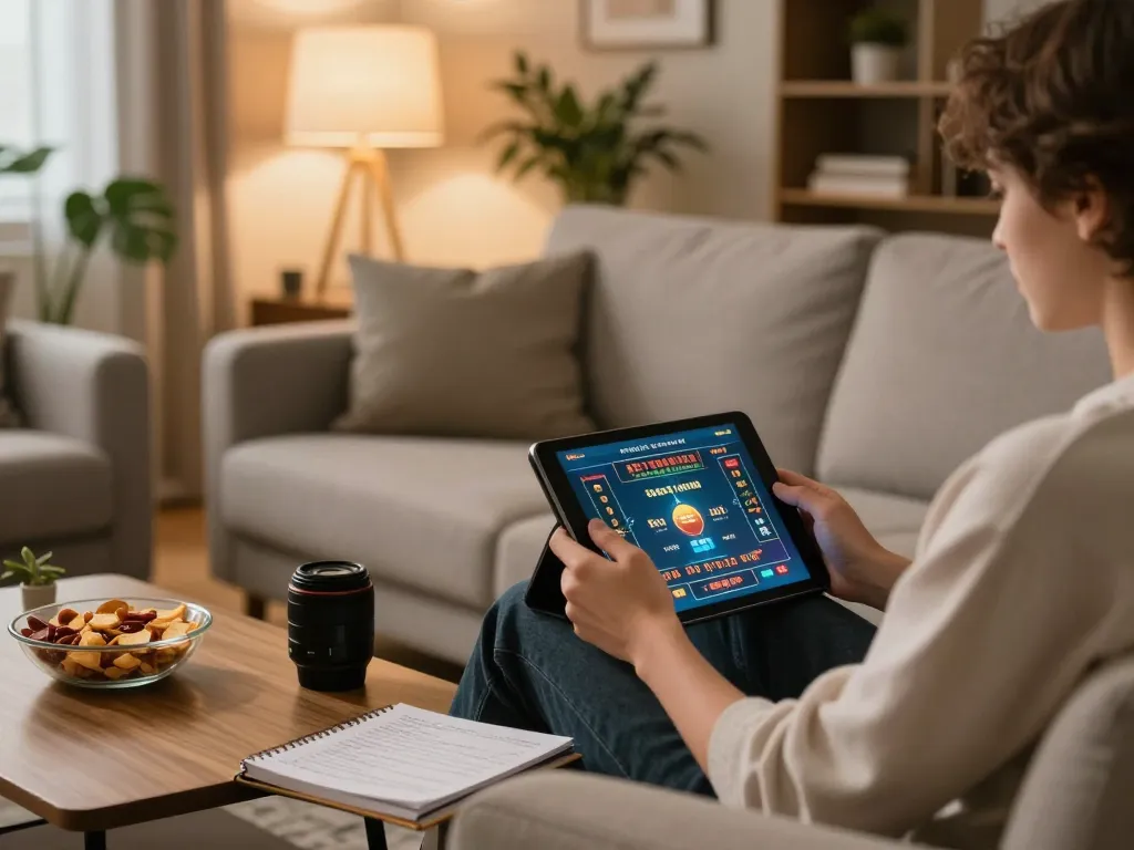 Engaging in online gambling with apk gacor on a tablet while seated in a cozy living room.