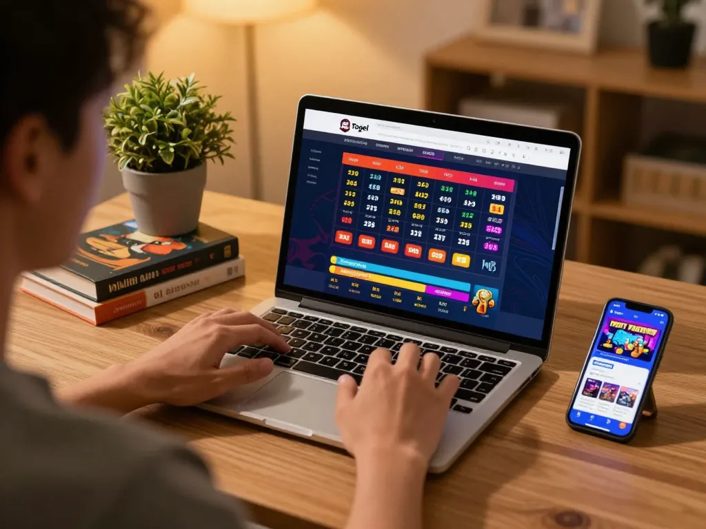 Engaging with the GTA Togel website on a laptop, showcasing online gambling excitement and strategy.