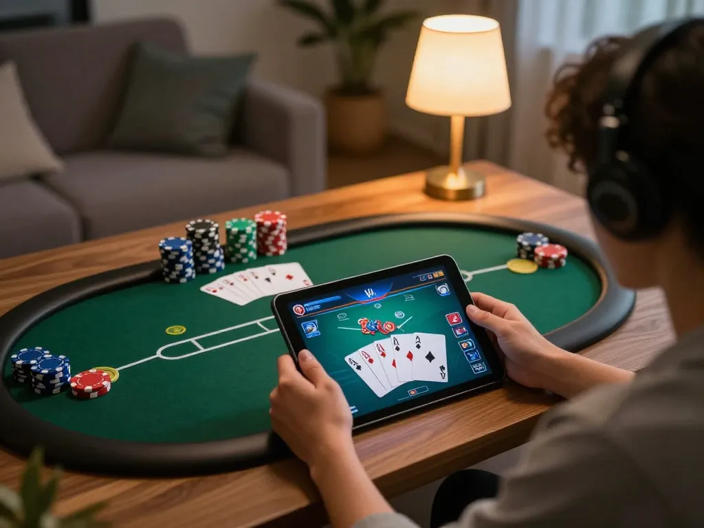 IDNSCORE online poker gameplay displayed on tablet in cozy living room setting.