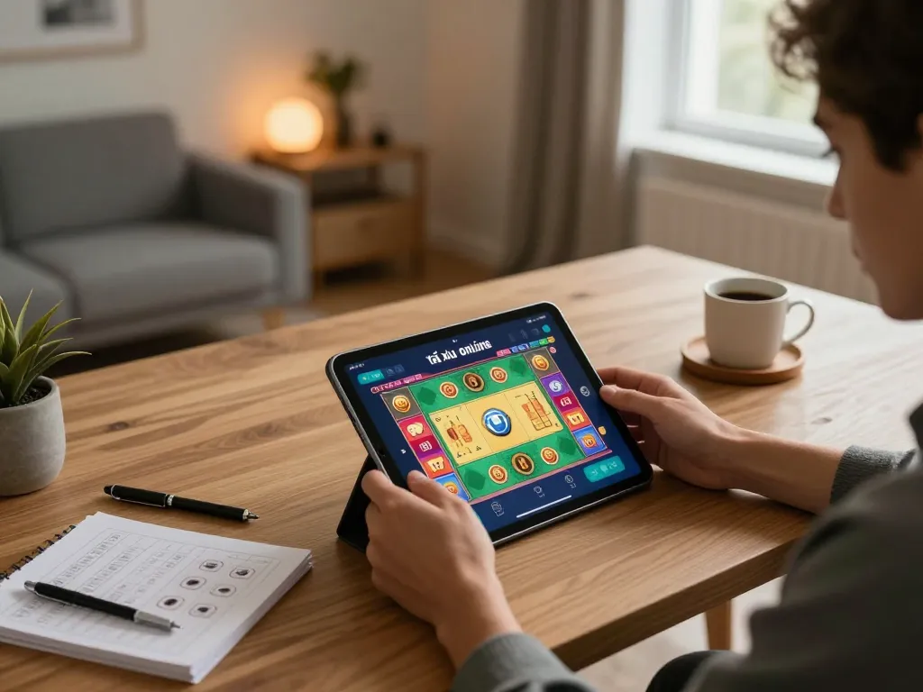 Engaging with the app tài xỉu online on a tablet, showcasing a vibrant gaming setup and strategy notes.