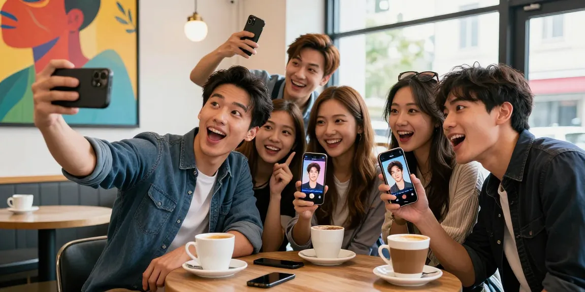 Friends comparing selfies using a 'celebs i look like' app at a trendy café, showcasing joy and technology.