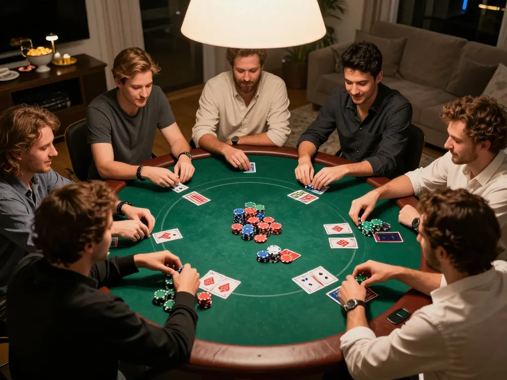Friends enjoying an engaging poker night at home, showcasing the excitement of 68gamebaivn gaming