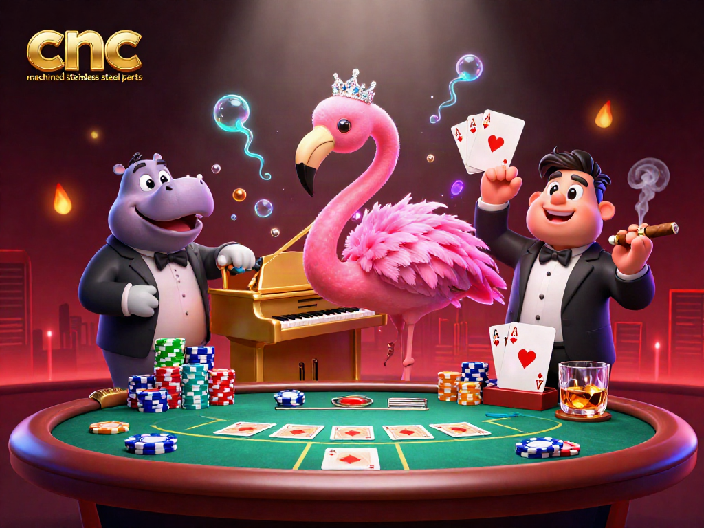CNC machined stainless steel parts showcased at a vibrant casino scene with lively characters.