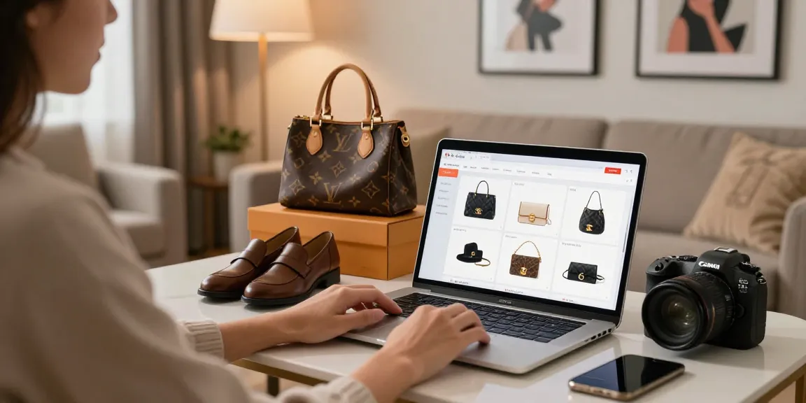 Browsing luxury products on a laptop at home, showcasing 레플리카 사이트 shopping experience.