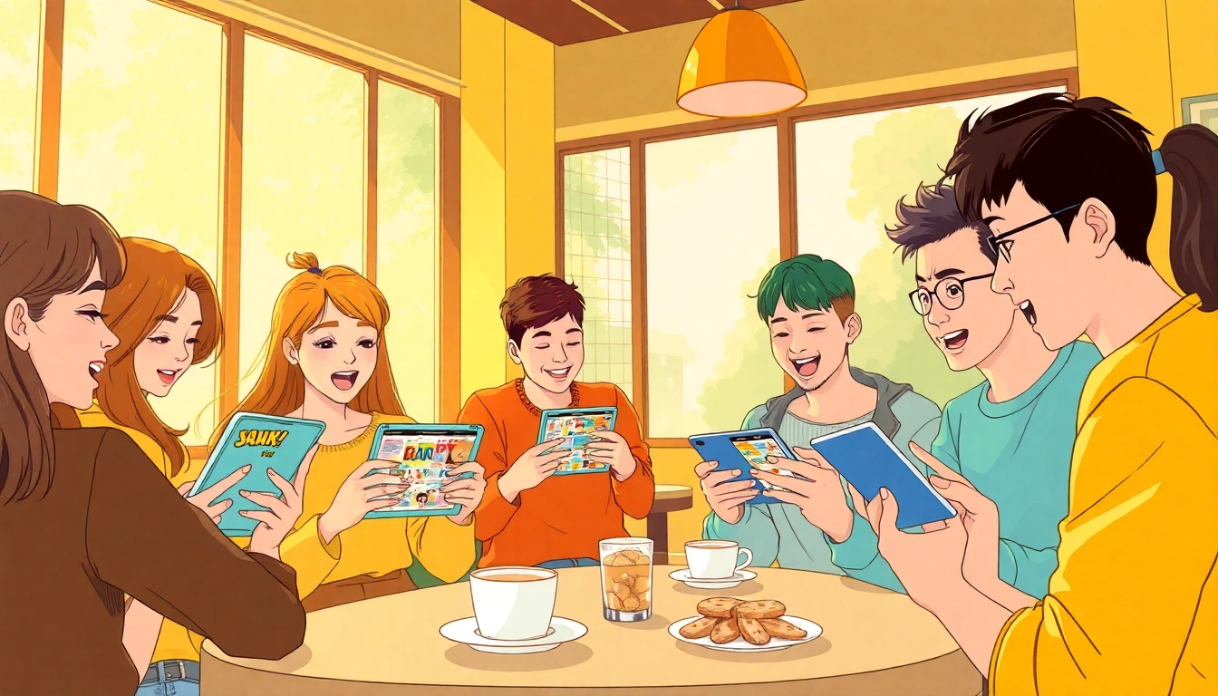 무료웹툰을 즐기는 다양한 친구들의 따뜻한 카페 모습