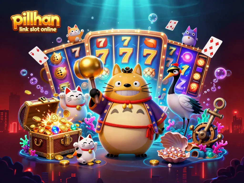 Menangkan pilihan link slot online dengan karakter slot berwarna-warni, dikelilingi oleh harta karun dan efek cahaya meriah.