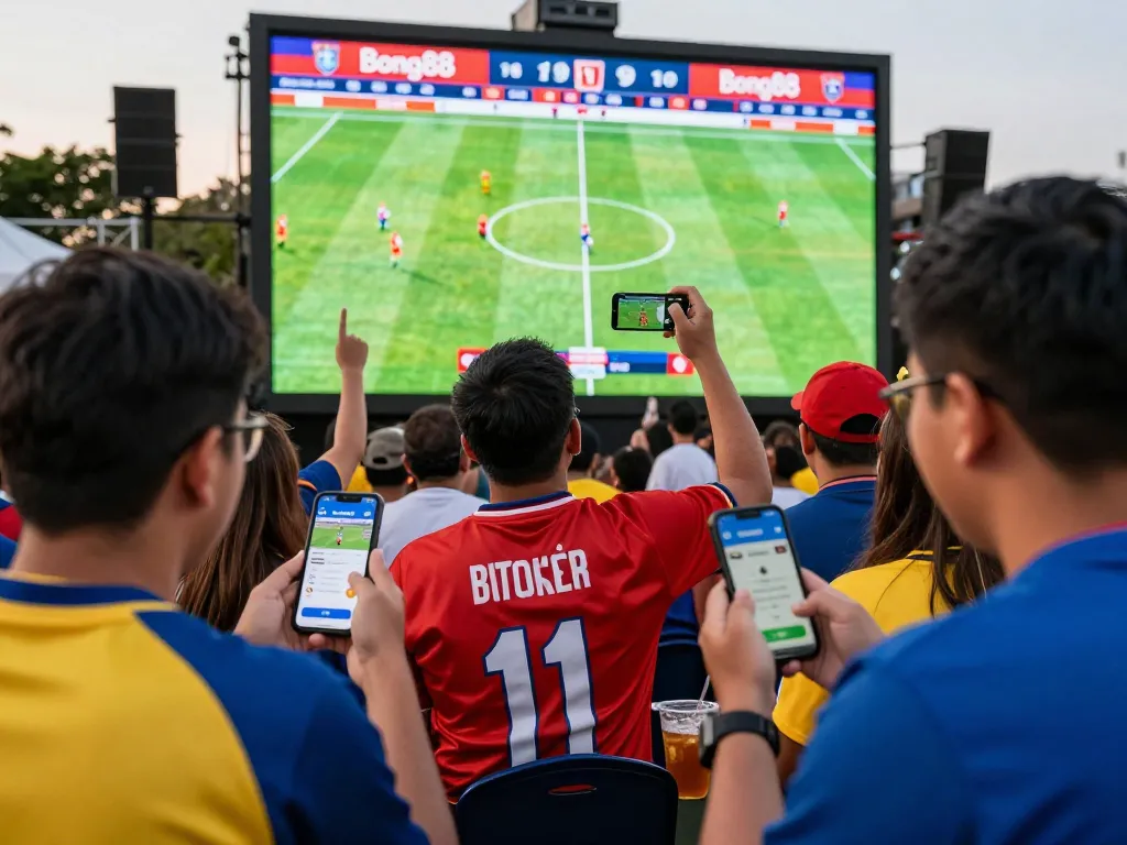 Fans actively engaging in sports betting on Bong88 app during live match, vibrant atmosphere