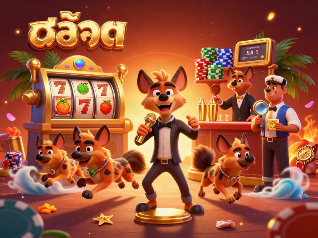 Experience the thrill of สล็อต with hyenas performing in a vibrant comedy casino scene.