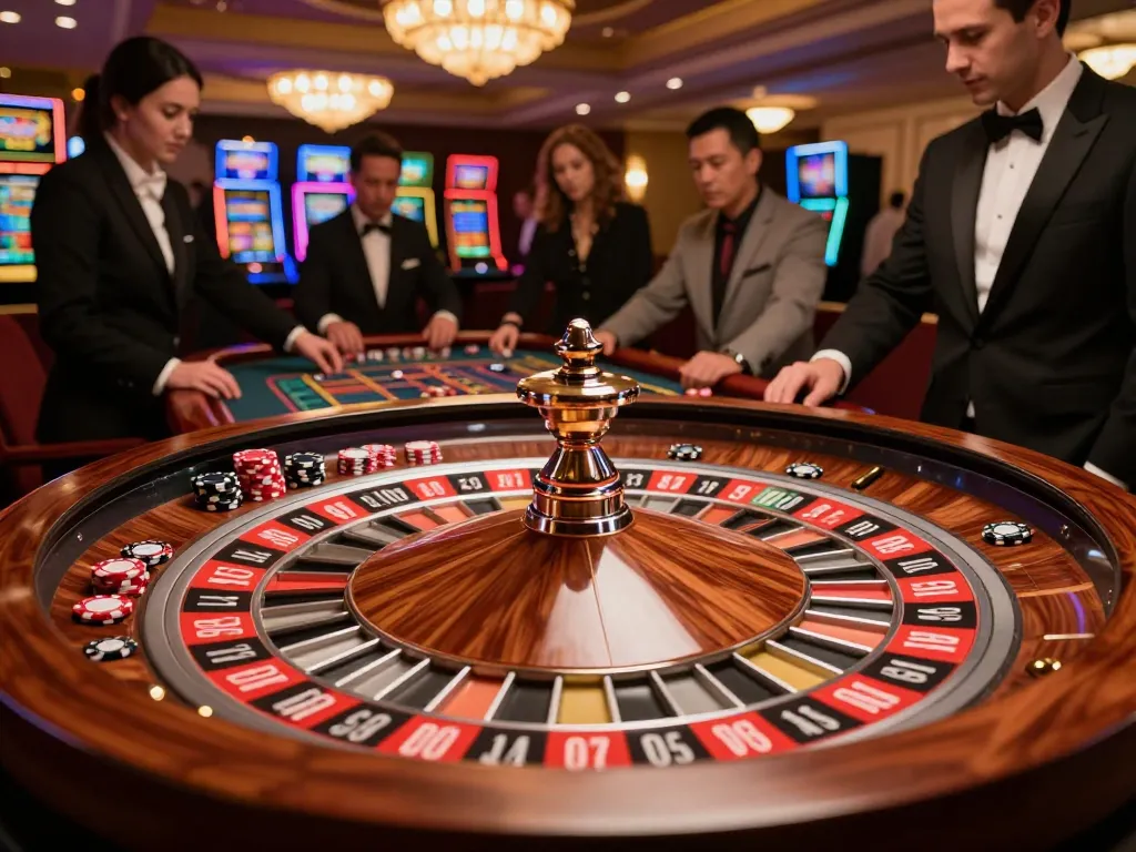 Players engage with the roulette wheel at n188 casino, creating excitement in upscale ambiance.