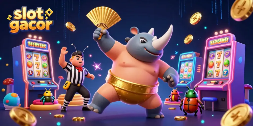 Experience the excitement of slot gacor with vibrant characters and spinning slot machines.
