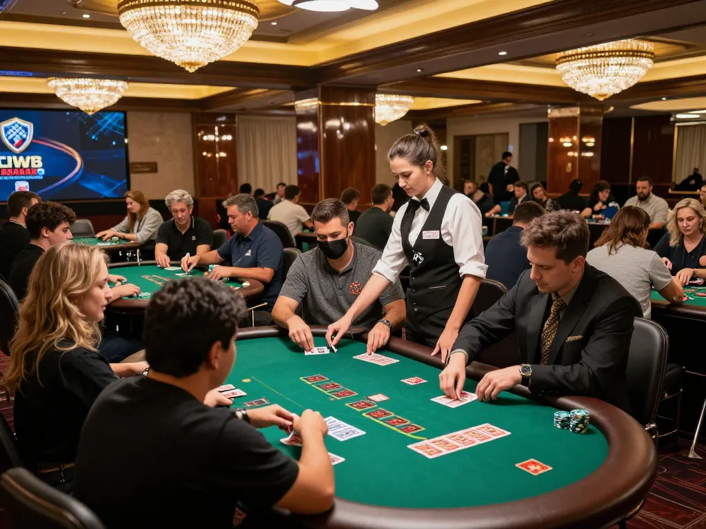 Players engaged in intense blackjack games at a vibrant TG88 casino floor, showcasing excitement and strategy.