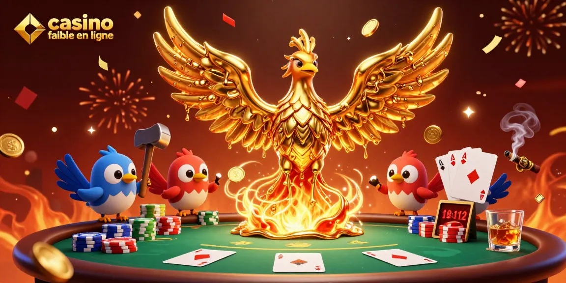 Illustration festive d'un phoenix doré représentant un casino fiable en ligne, avec des éléments de poker.