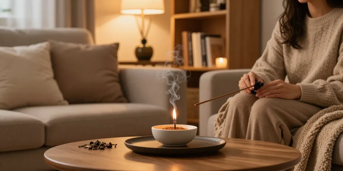 Relaxing ambiance featuring platinum-caution-super-strong-incense burning in a cozy home environment, promoting tranquility.