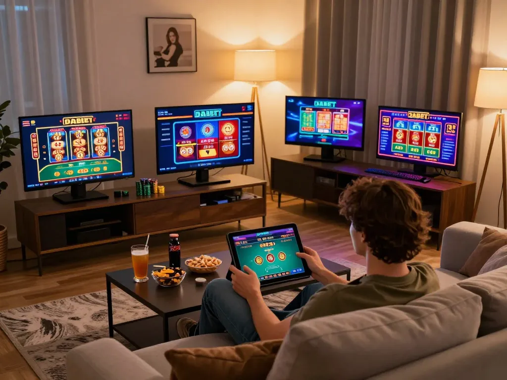 DABET offers interactive online gaming experiences with a player engaging in thrilling bets at home.