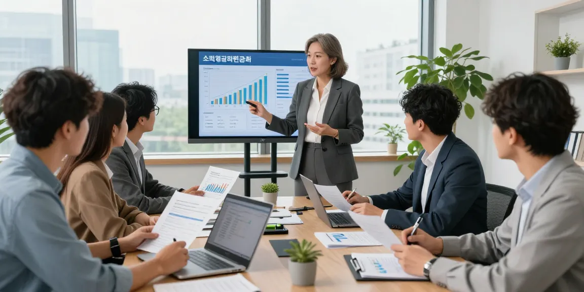Team discussing 소액결제현금화 strategies in a modern office with data visualizations.