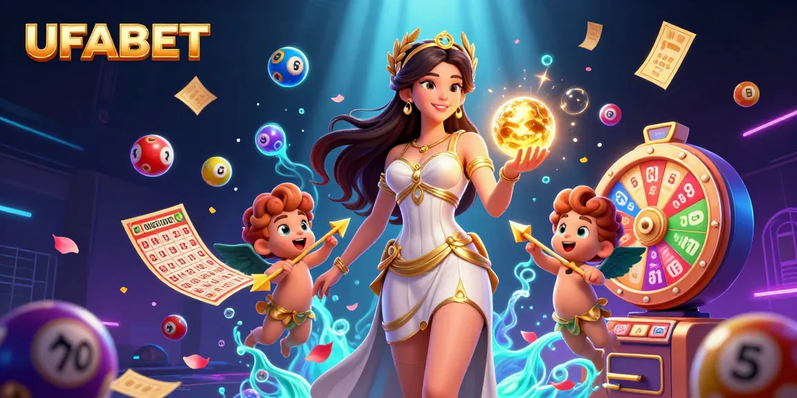 Engage with UFABET's thrilling lottery games, featuring vibrant 3D characters amidst colorful dynamic elements.