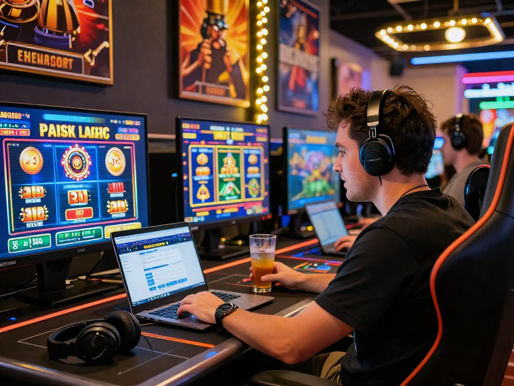 Engaged player exploring bonus buy slots at a stylish gaming setup, showcasing vibrant casino themes and modern technology.