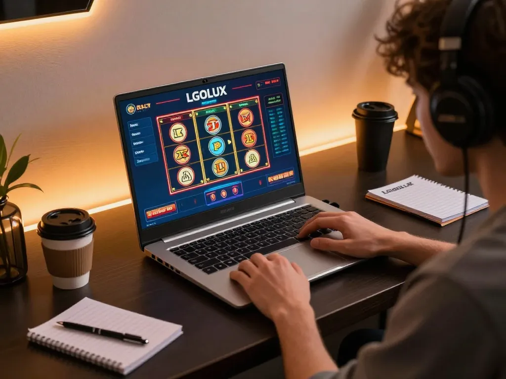 Player engaging with LGOLUX online casino, showcasing interactive game screen and luxurious setup.