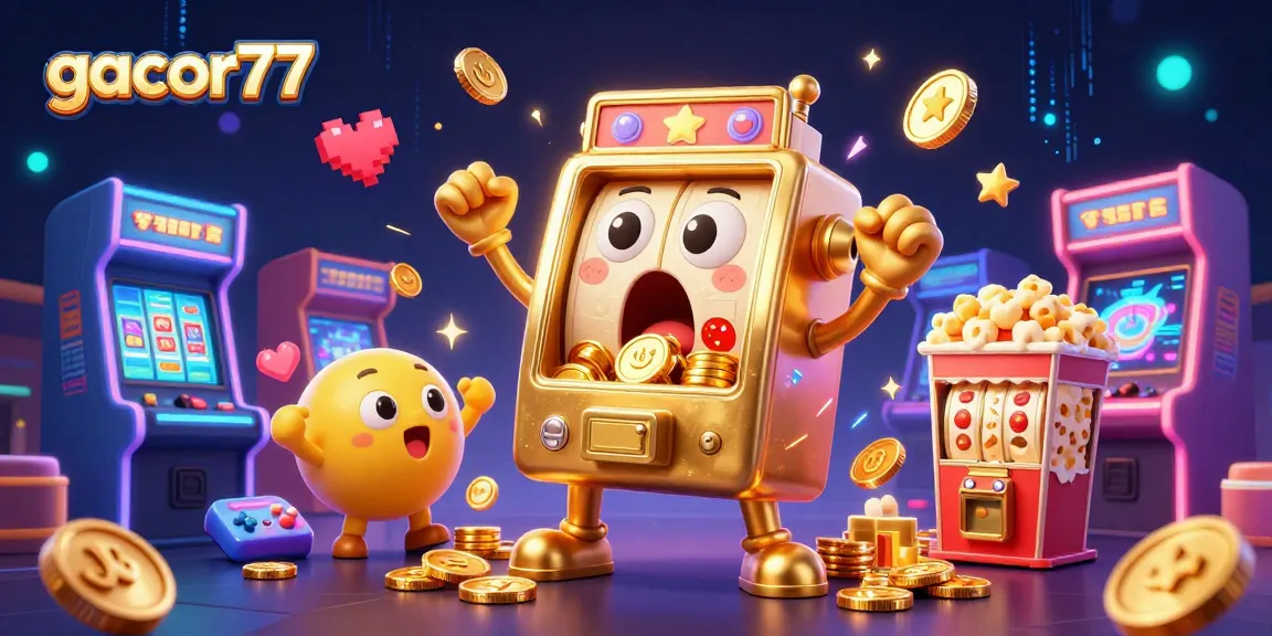 Gacor77 menghadirkan mesin slot emas 3D yang memukau dengan tumpahan koin dari mulutnya, dikelilingi mesin slot bayi dan popcorn.