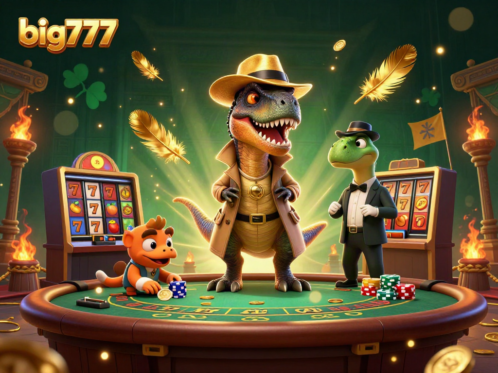 big777 featuring a cartoon velociraptor card counter at a blackjack table, amidst dynamic casino elements