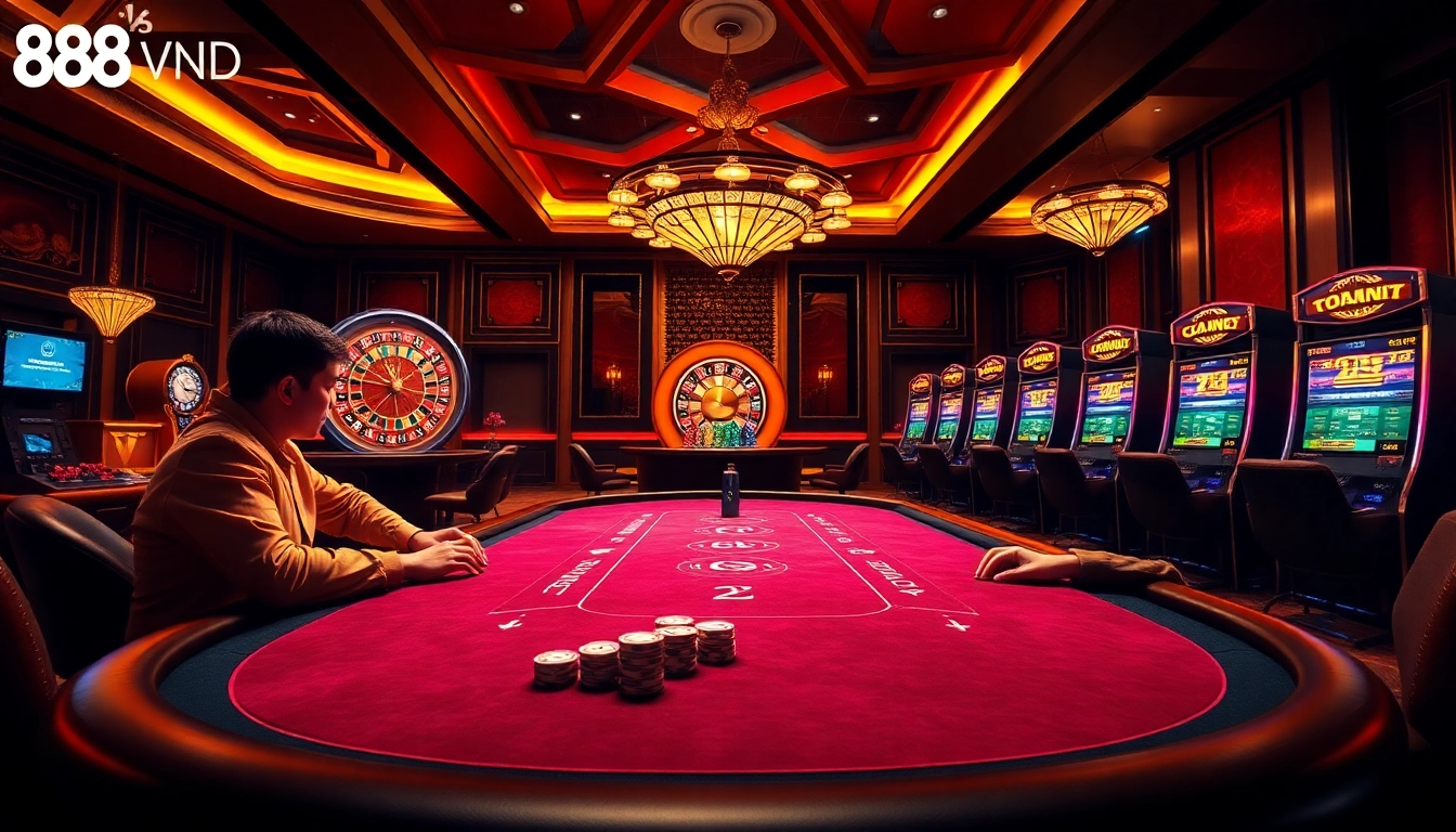 Engaged players at 888VND casino enjoying poker and roulette games in a vibrant setting.