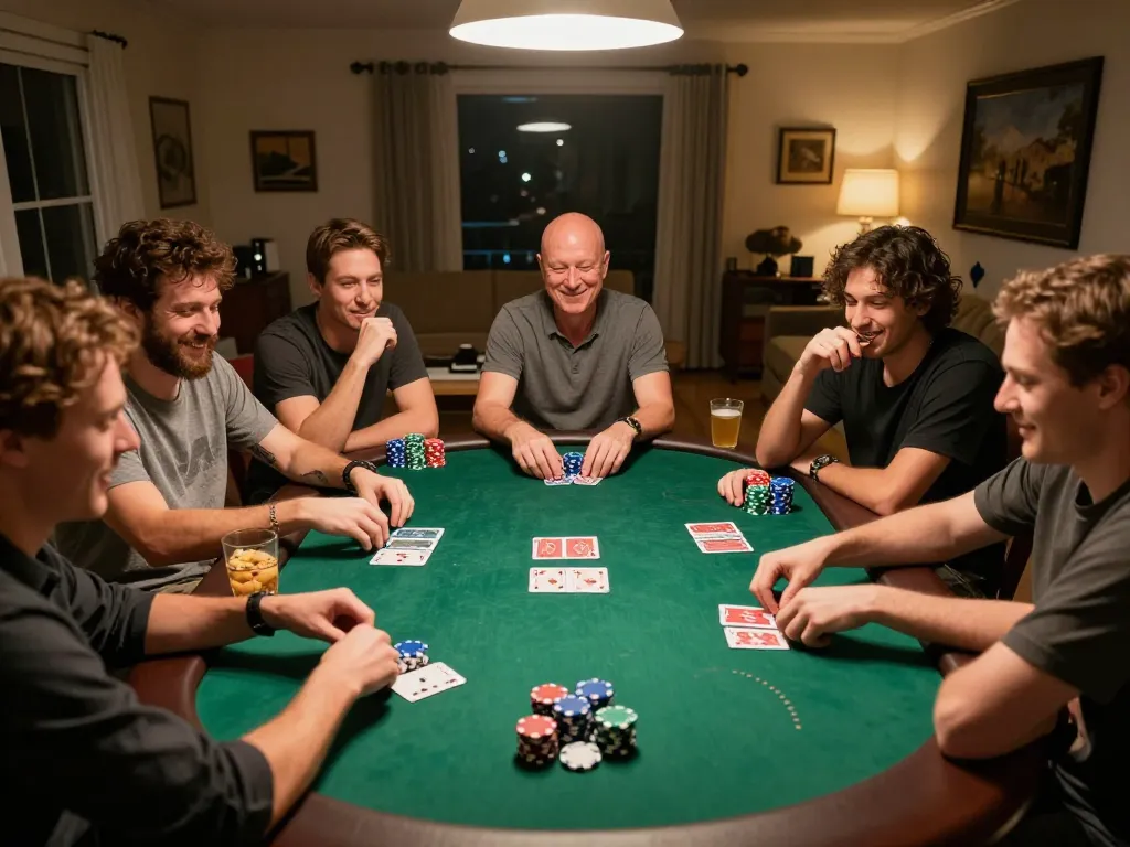 Friends enjoying ดูหนังออนไลน์ฟรี while playing poker at home, chips and snacks creating a lively atmosphere.