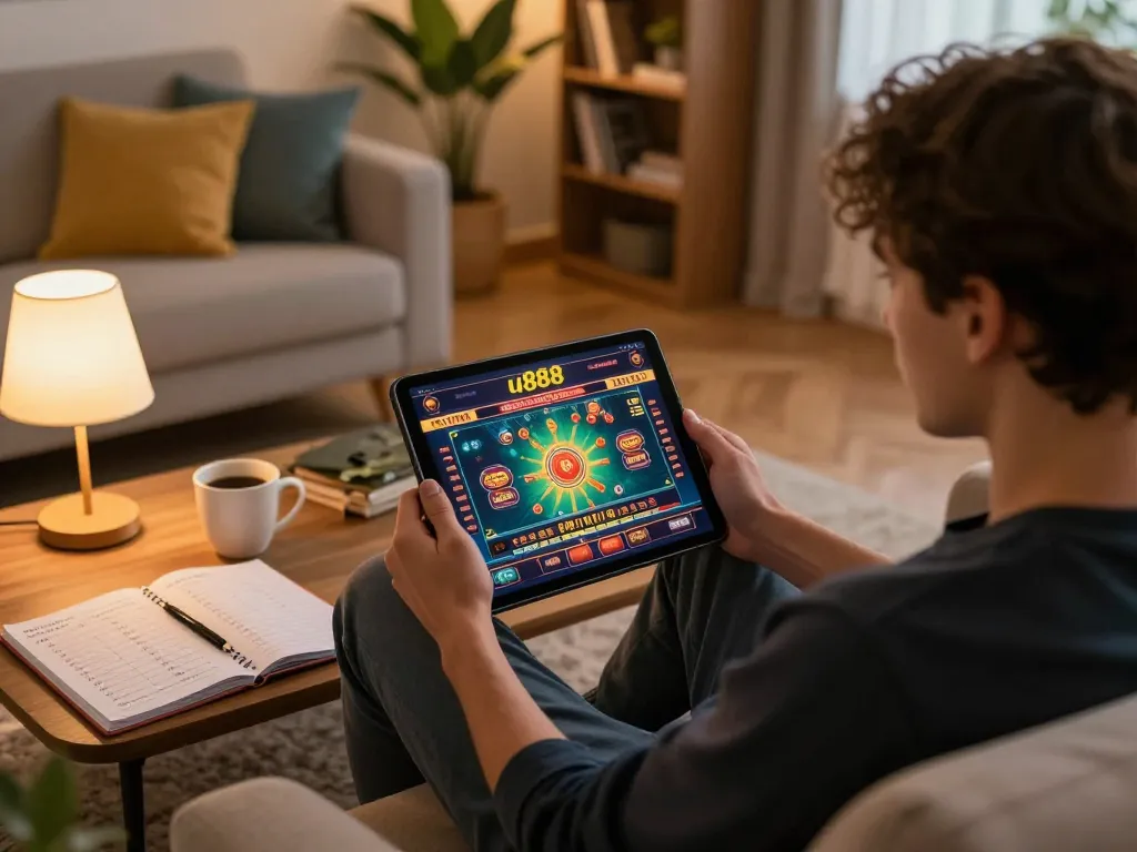 Player enjoying a cozy home gaming experience using u888 casino app on a tablet.