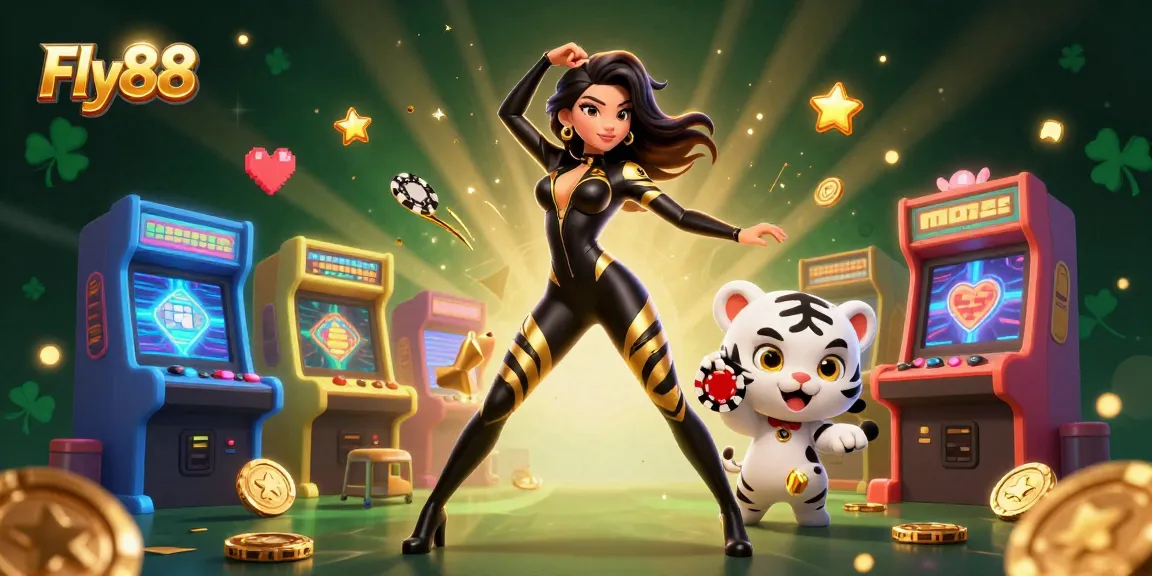Experience thrilling action at Fly88 with a stunning woman in a sleek catsuit and a playful tiger.