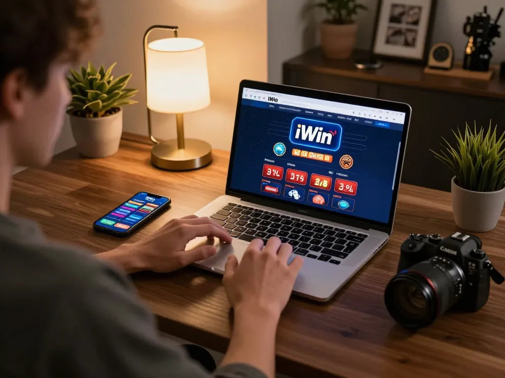 Player enjoying iWin online casino with warm lighting and strategic gaming setup.