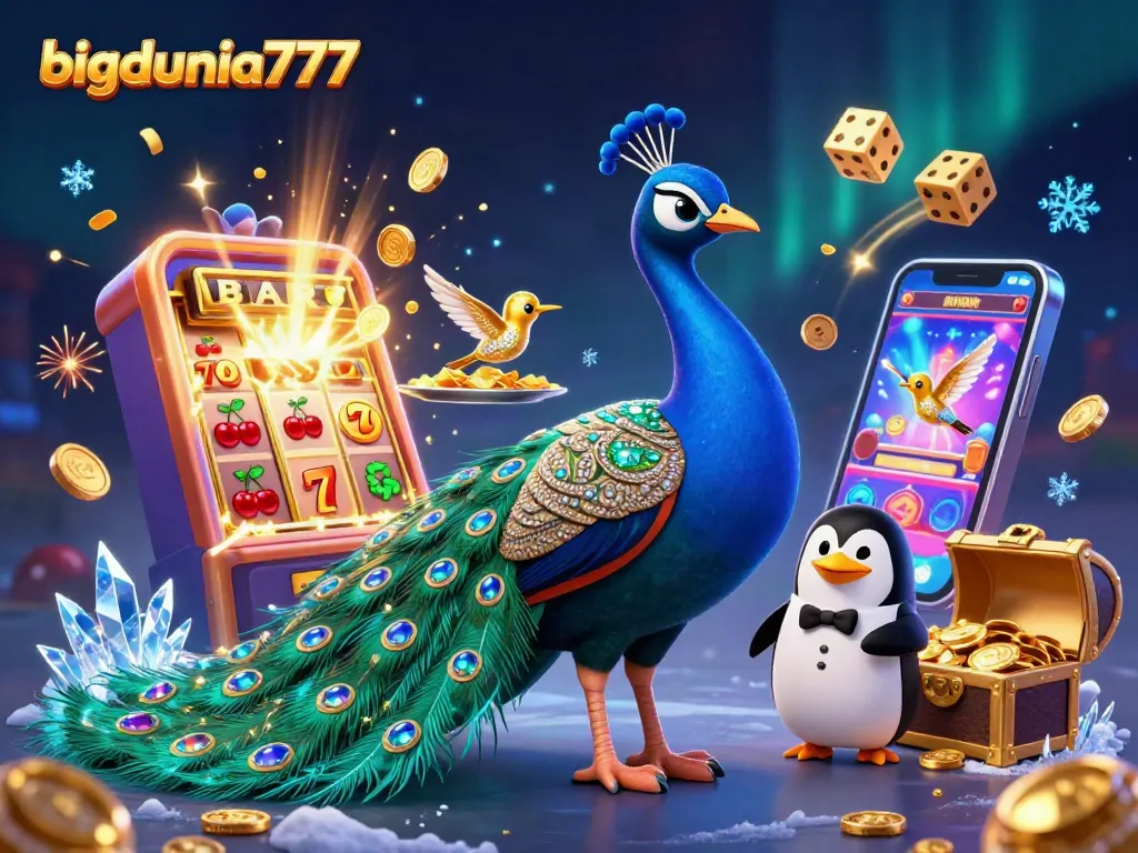 Enjoy exciting gaming moments with bigdunia777 featuring a dazzling peacock and casino elements!
