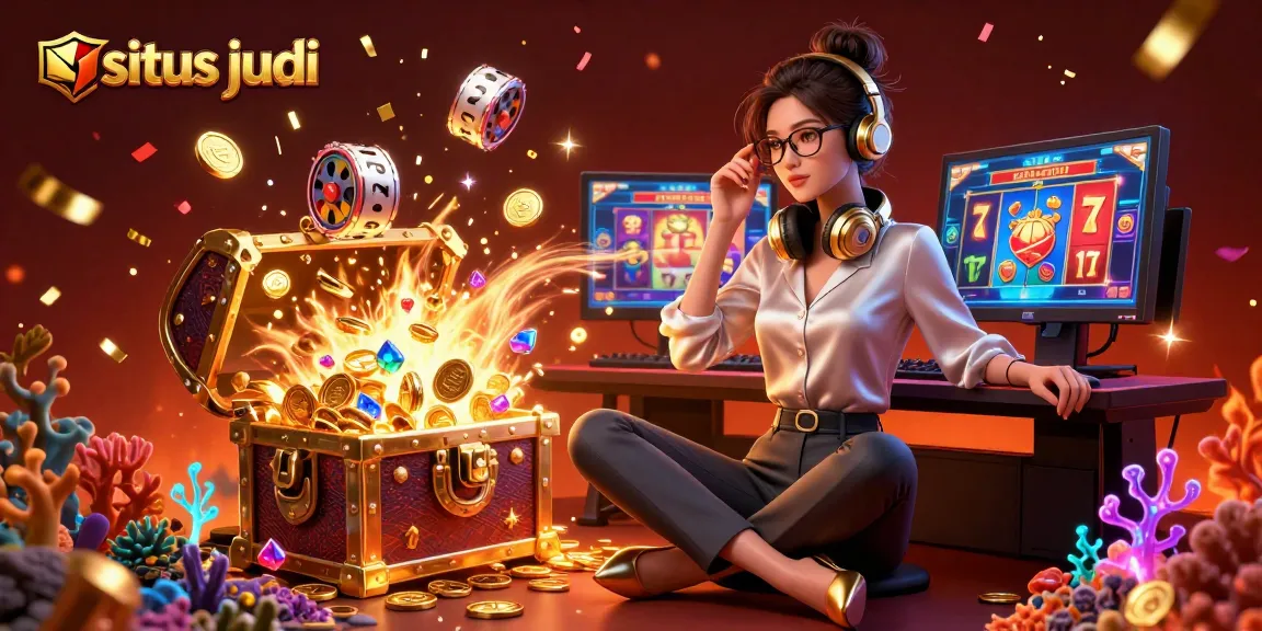 Situs judi illustration showcasing an elegant Asian woman at a slot gaming setup surrounded by gold coins and slot elements.