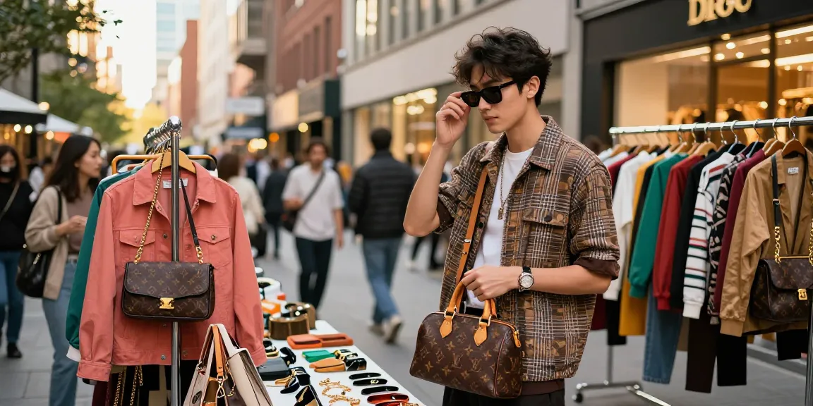Stylish shopper engaging with high-quality 레플리카 fashion in vibrant urban market.