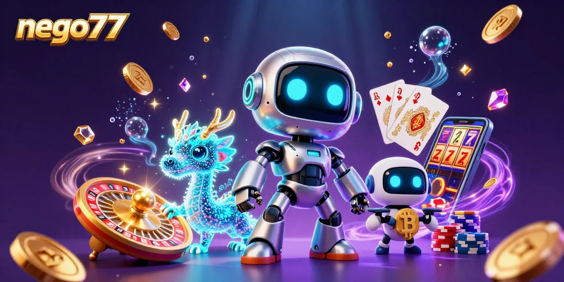 Nego77 showcases a vibrant casino scene with a cyberpunk robot, holographic dragon, and drone amidst spinning slots and golden coins.
