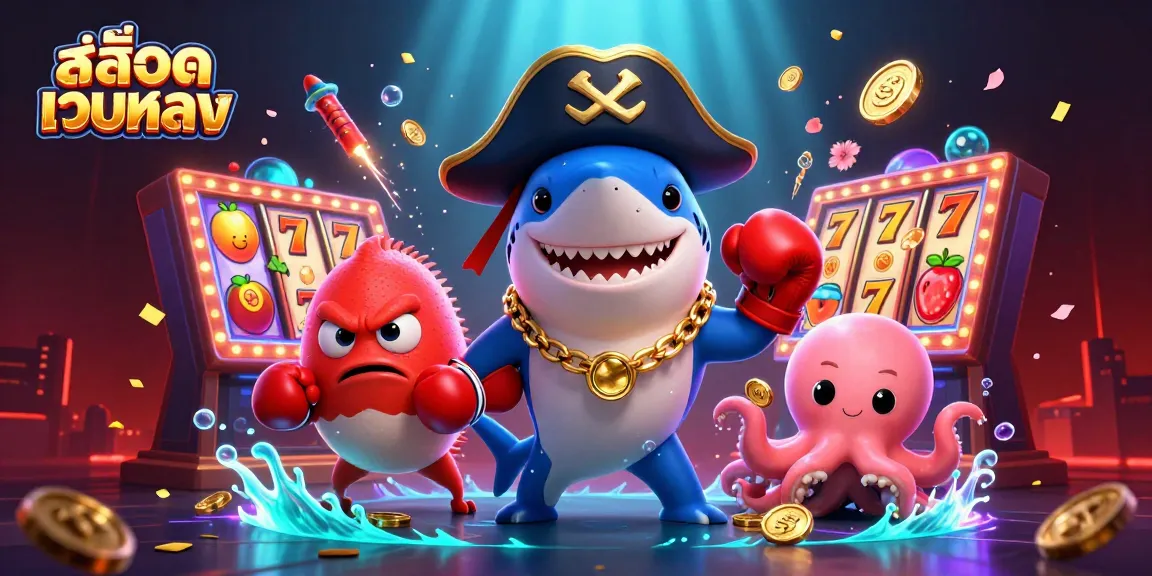 Engage with สล็อตเว็บตรง in this vibrant scene featuring pirate shark, pufferfish, and octopus surrounded by slot reels and festive elements.