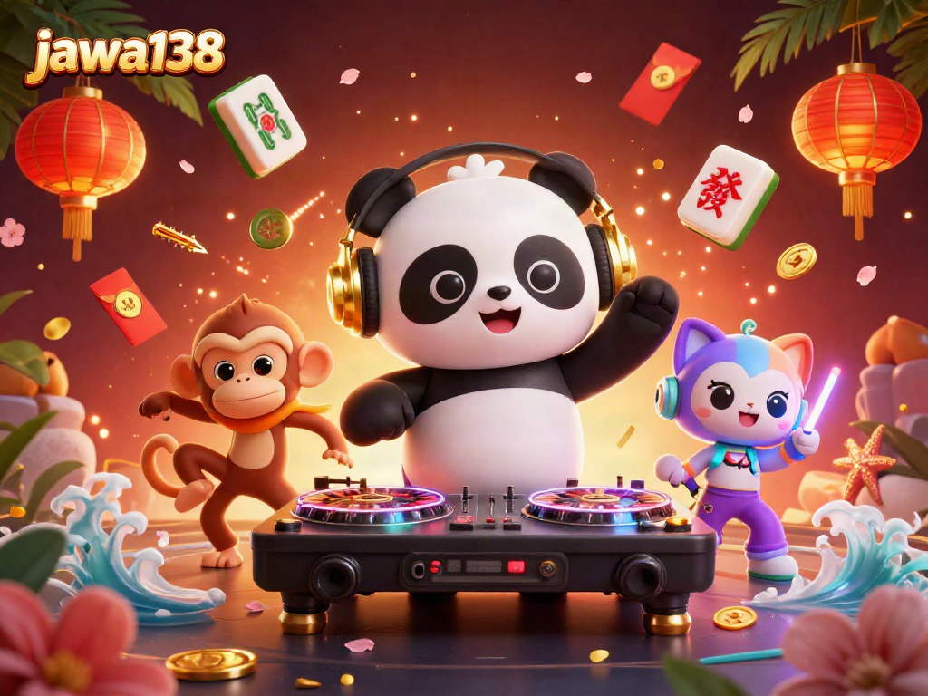 Experience vibrant energy with jawa138, featuring a DJ panda and a breakdancing monkey in a lively casino scene.