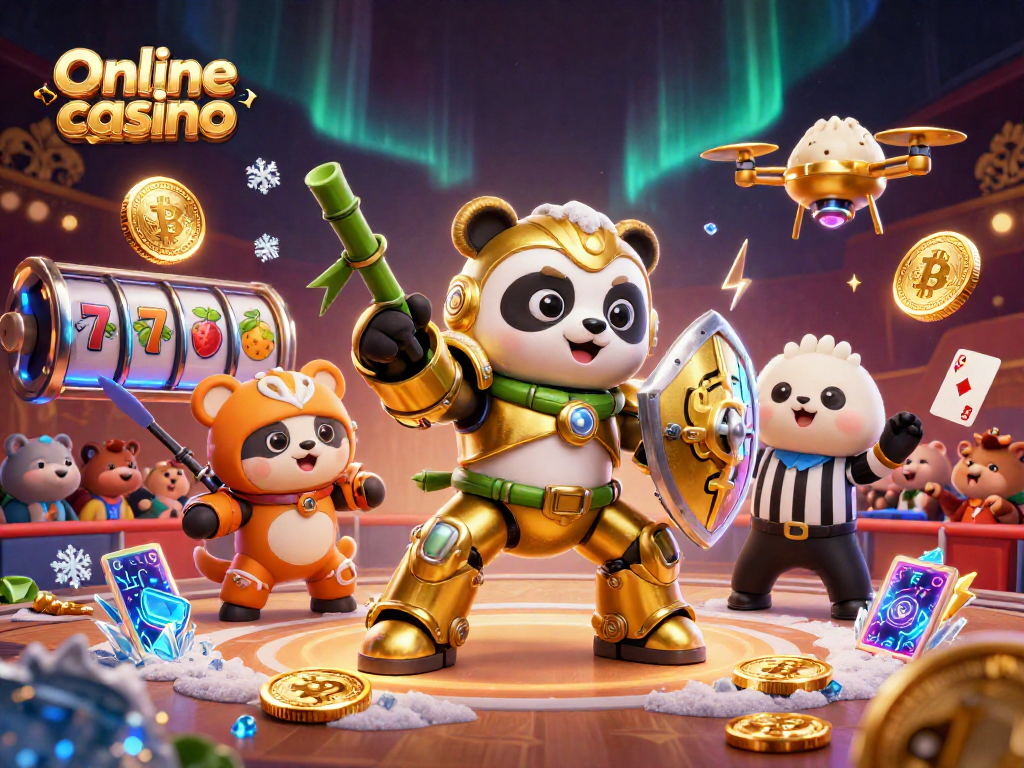 Engage in thrilling gameplay at Online casino cambodia with vibrant 3D illustration of a mech-suit panda and dynamic gaming elements.