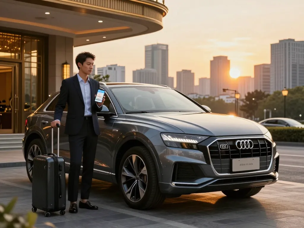Trải nghiệm cho thuê xe ô tô sang trọng với cho thuê xe ô tô hạng sang với Audi Q8, khung cảnh đô thị và du khách thời thượng.