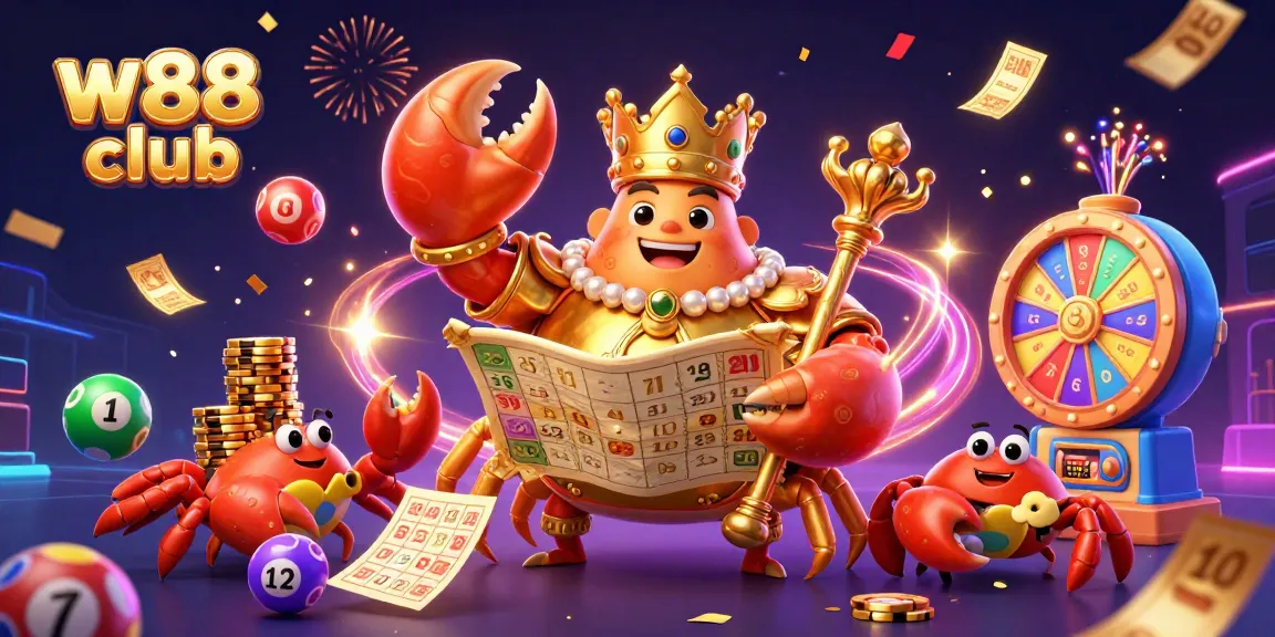 Các trò chơi hấp dẫn tại w88 club với chú cua vàng khổng lồ và các viên bi xổ số màu sắc.