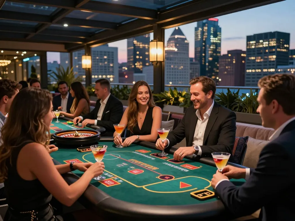 Guests enjoying social gambling at LGOLUX casino rooftop terrace with city skyline view