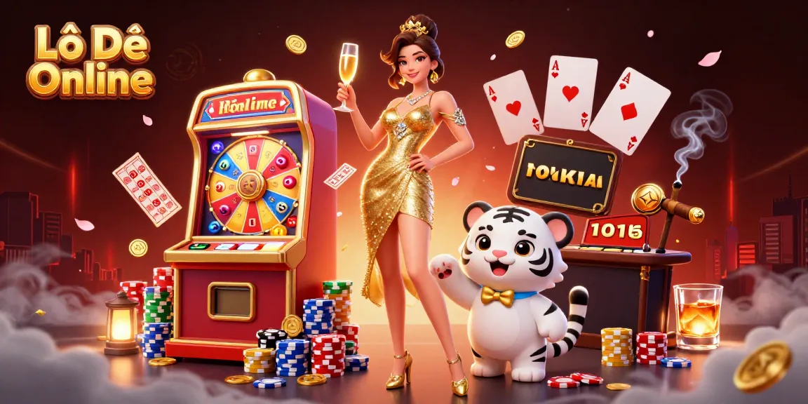 Engage with Lô Đề Online, showcasing a glamorous scene of a woman and lucky tiger cub at a vibrant lottery machine.